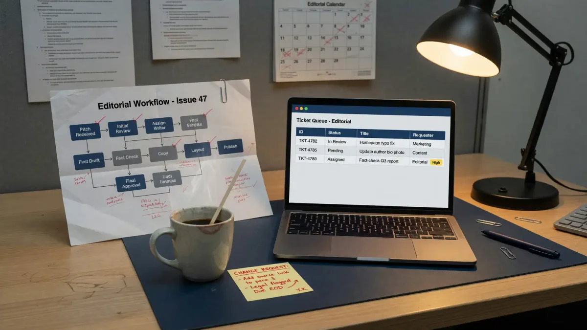Office desk with a printed process-mining diagram beside a laptop showing a change-ticket queue, desk lamp, no logos