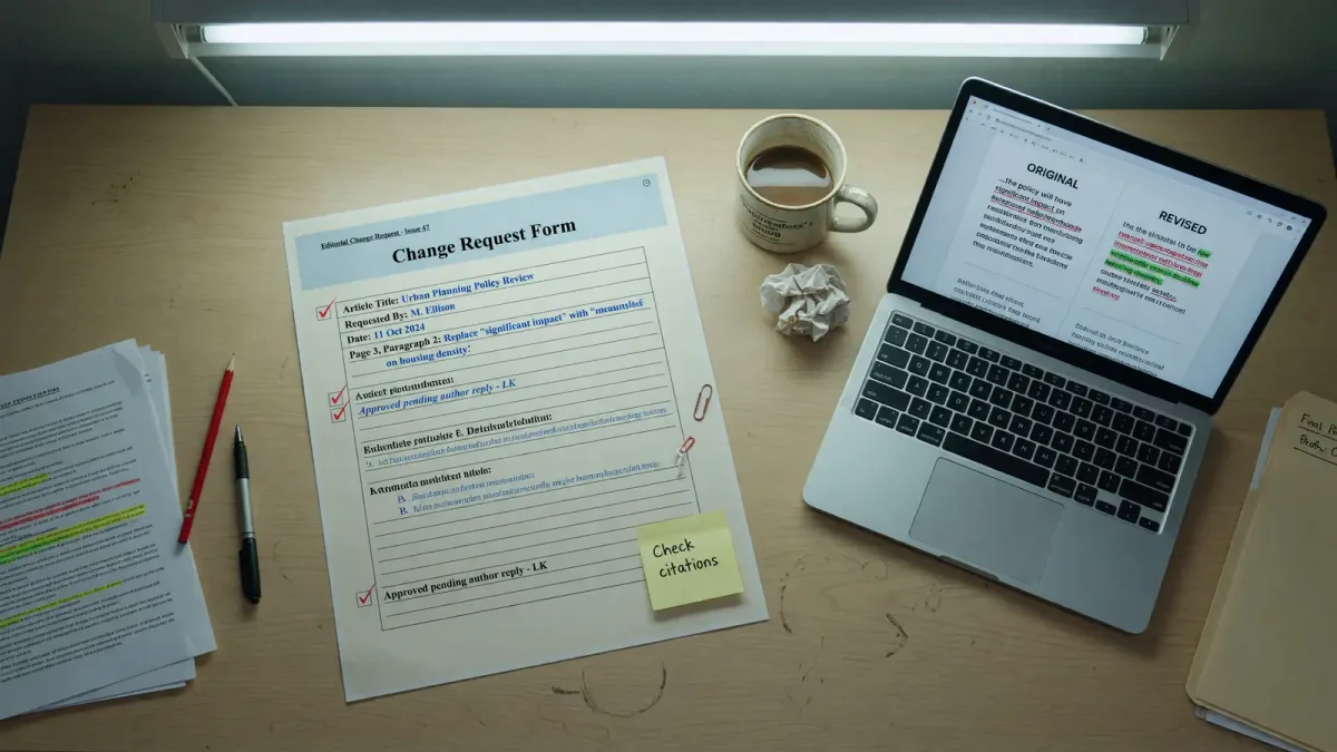 Printed change-request form on a desk beside a laptop showing a git diff of a prompt file, cool office light, no logos