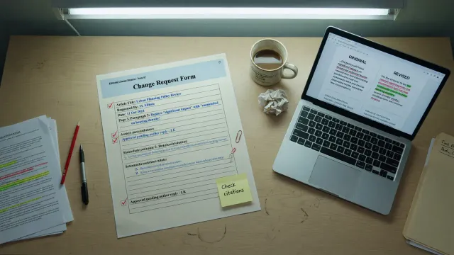 Printed change-request form on a desk beside a laptop showing a git diff of a prompt file, cool office light, no logos