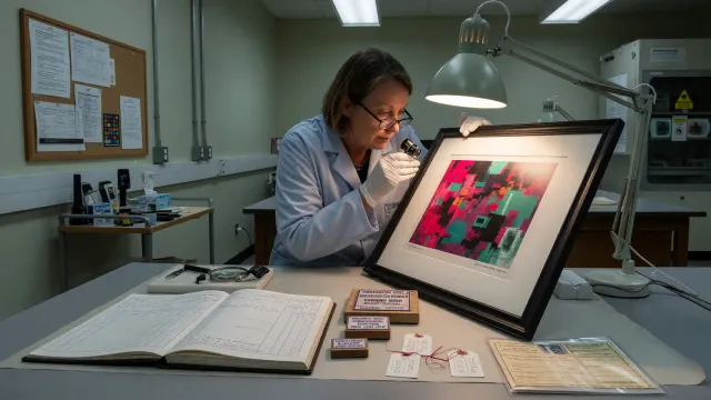 A digital artwork displayed on a screen with authentication metadata visible in the corner