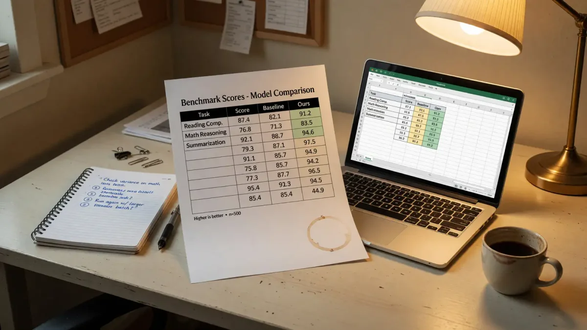 Printed τ²-bench leaderboard sheet on a desk next to a laptop showing Pass^4 scores, office lamp, no logos