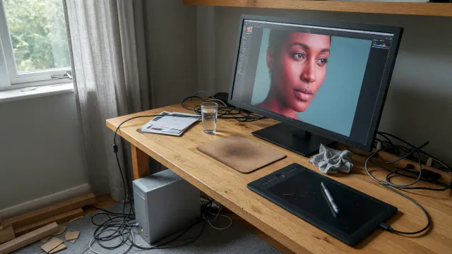A photo editor's desk with a calibrated monitor showing a portrait crop, a graphics tablet, and a compact desktop PC beside a window