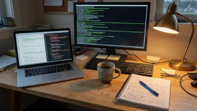 Desk with a laptop showing a pull-request diff and a second screen with a terminal, coffee mug, no vendor logos