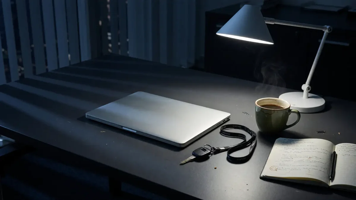 Laptop terminal showing a home directory listing with .claude.json next to a hardware key on a desk, cool lamp light, no logos