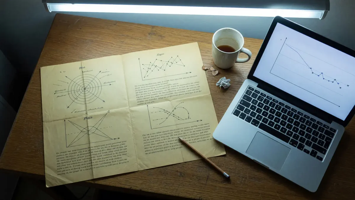 Desk with a printed 1911 physics paper beside a laptop showing a sparse loss curve, cool overhead light, no logos