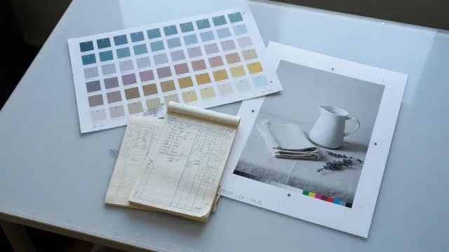 Printed brand-kit swatches and credit tally next to a 2K photo proof on a studio light table, cool daylight, no logos