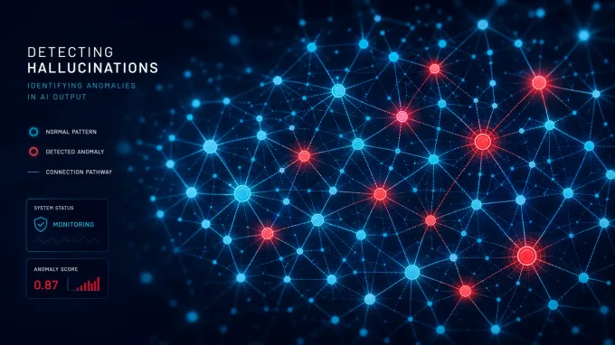 Abstract visualization of neural network nodes connected by glowing pathways, with some nodes highlighted in red to represent detected anomalies