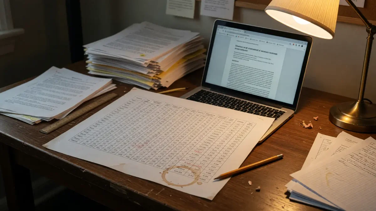 Printed detector-score table on a desk next to a laptop showing an arXiv abstract, desk lamp, no logos or readable secrets