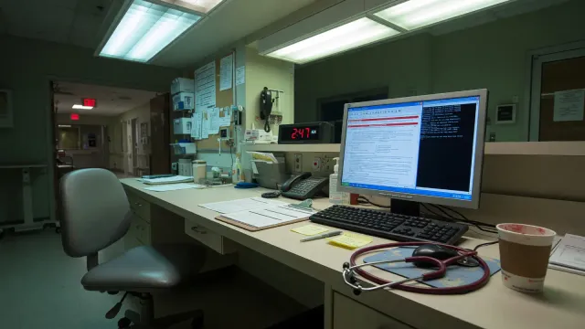 Hospital workstation with a desktop computer showing a clinical note and a local model terminal, cool overhead light, no logos