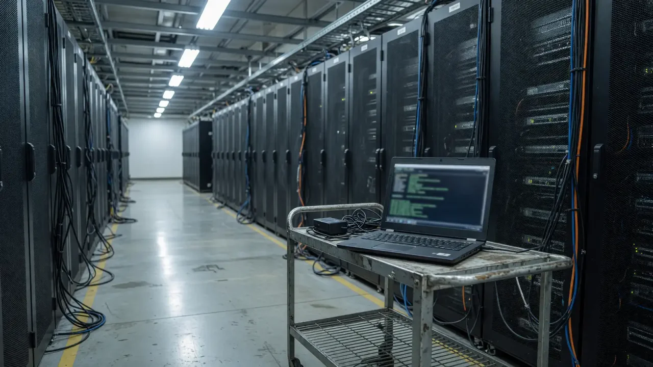 Server room aisle with cool white lighting and a laptop on a cart showing a terminal, no readable text or logos