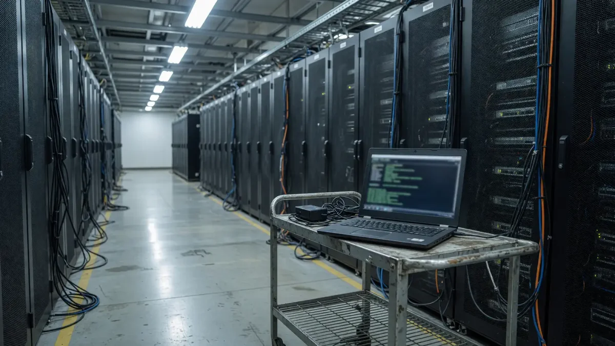 Server room aisle with cool white lighting and a laptop on a cart showing a terminal, no readable text or logos