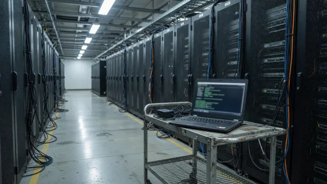 Server room aisle with cool white lighting and a laptop on a cart showing a terminal, no readable text or logos