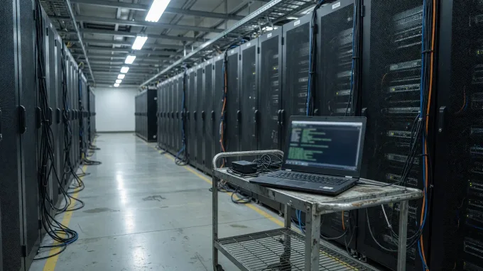 Server room aisle with cool white lighting and a laptop on a cart showing a terminal, no readable text or logos