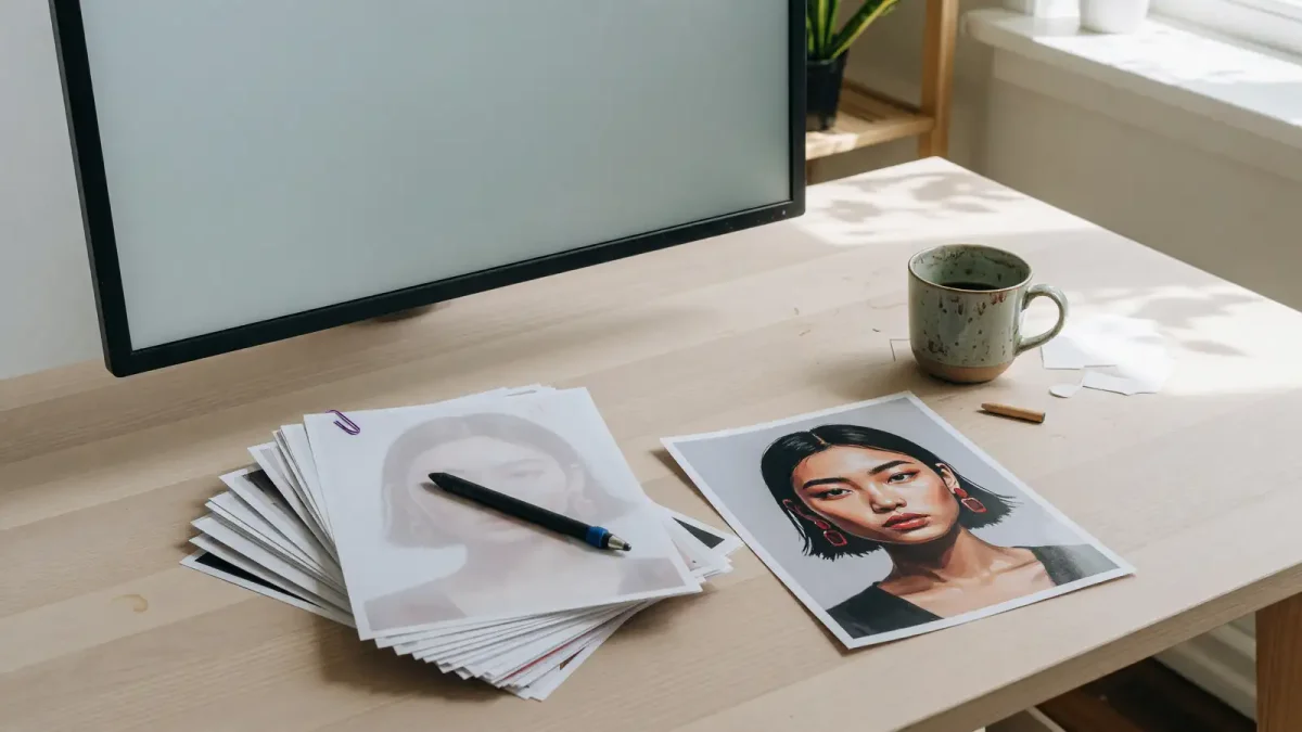 Creative desk with one monitor showing a model picker dropdown and printed character sheets, no logos or readable UI text