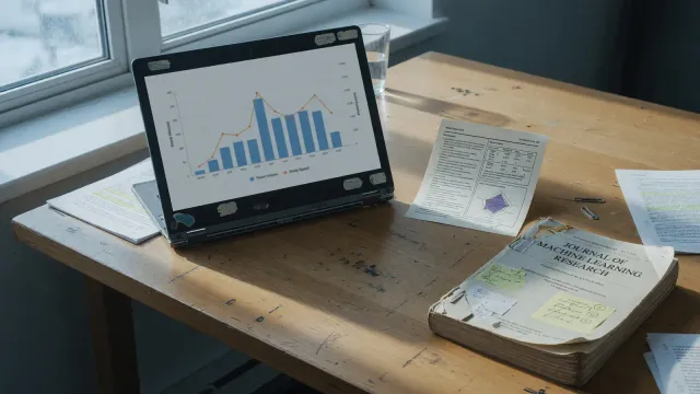 Laptop on a desk showing a token-usage chart next to a small printed model card, cool daylight, no logos, no readable UI text