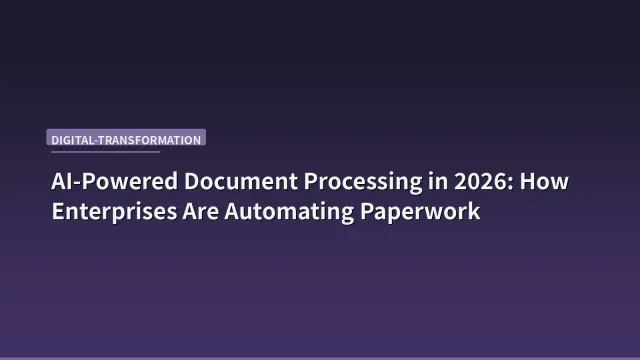 A modern office desk with a laptop showing an AI document processing interface, papers being scanned, and a clean digital workflow visualization on screen
