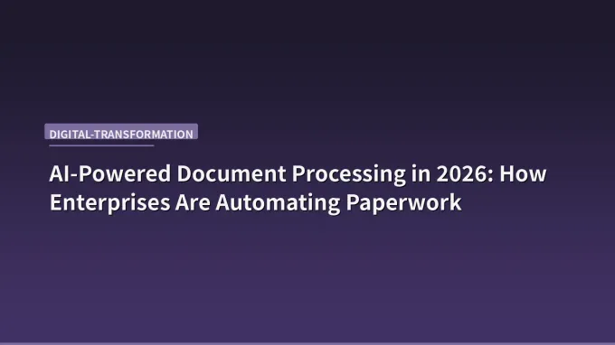 A modern office desk with a laptop showing an AI document processing interface, papers being scanned, and a clean digital workflow visualization on screen
