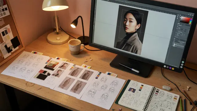 Designer desk with a monitor showing a portrait being edited in small steps, a sketch stylus, and printed character sheets, no logos