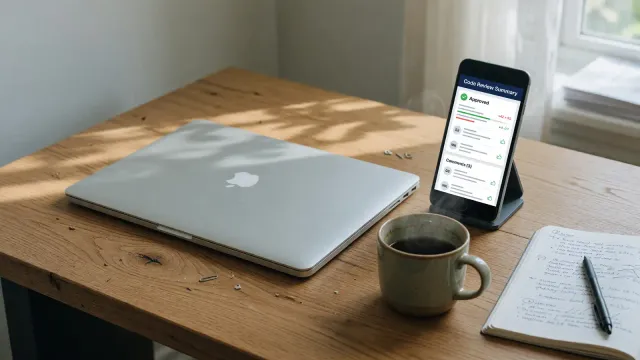 Laptop closed on a desk beside a phone showing a code-review summary, office daylight, no logos or brand marks