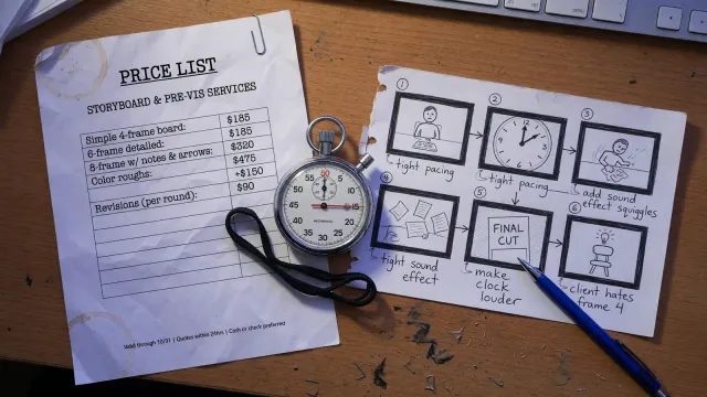 Printed price list of AI video models on a desk beside a stopwatch and a short storyboard, cool office light, no logos