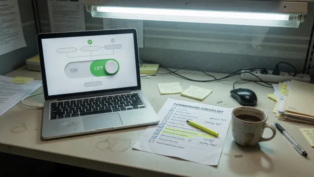 Office laptop showing an unattended workflow toggle next to a printed permissions list, cool overhead light, no logos