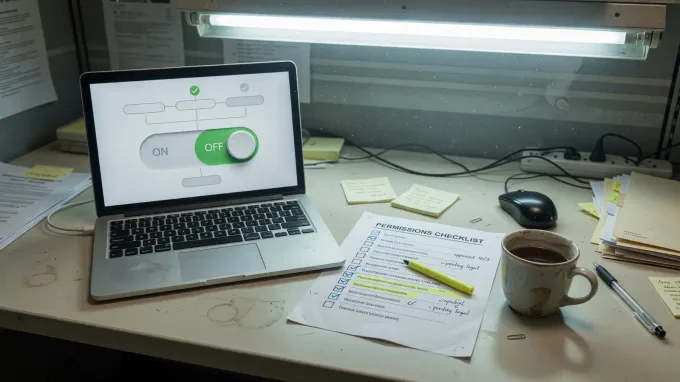 Office laptop showing an unattended workflow toggle next to a printed permissions list, cool overhead light, no logos