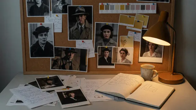 Film office corkboard with printed character stills, a color palette strip, and a notebook, warm lamp light, no logos or UI