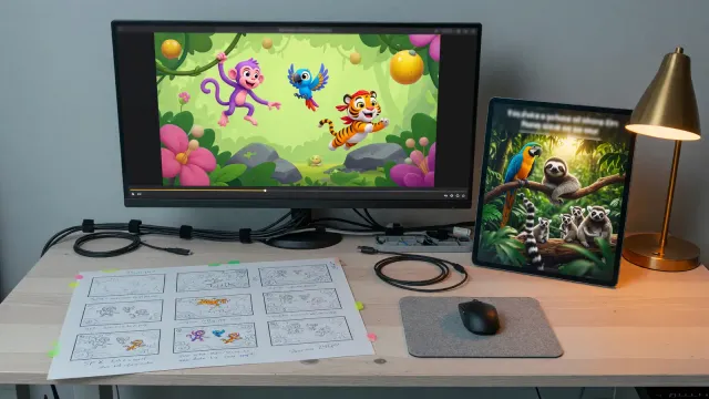 Editing desk with a paused game-trailer storyboard print and a second monitor showing a jungle ad still, desk lamp, no logos, no readable UI text