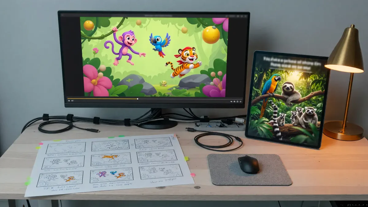 Editing desk with a paused game-trailer storyboard print and a second monitor showing a jungle ad still, desk lamp, no logos, no readable UI text
