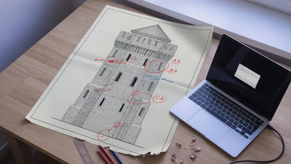 Printed masonry elevation with zone scores next to a laptop showing a small language-model prompt, cool daylight, no logos