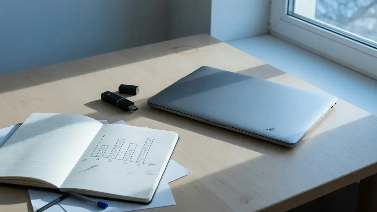 A laptop on a wooden desk showing a simple bar chart on a dark screen, a small unlabeled compute stick beside it, cool daylight, no logos, no readable UI text