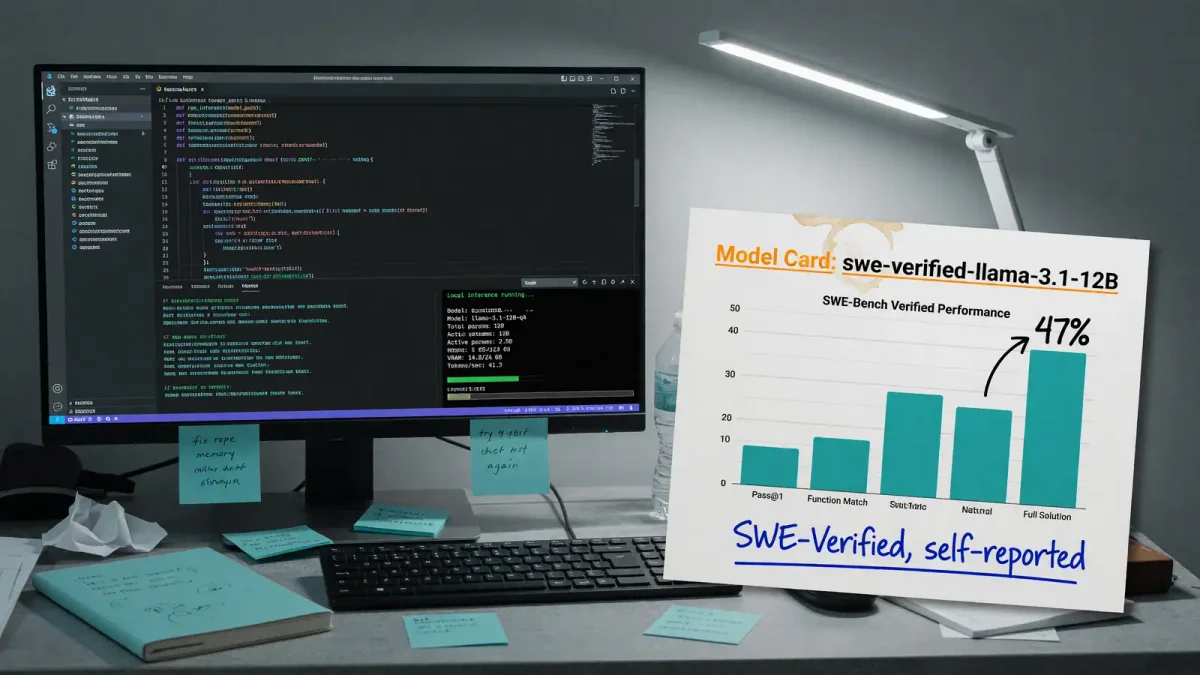 Developer workstation with a JetBrains-style IDE on one monitor and a printed model card showing 12B total and 2.5B active parameters, cool desk lamp, no logos