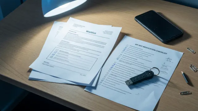Printed Claude Duet waitlist page on a desk next to an API key revocation checklist, office lamp, no logos