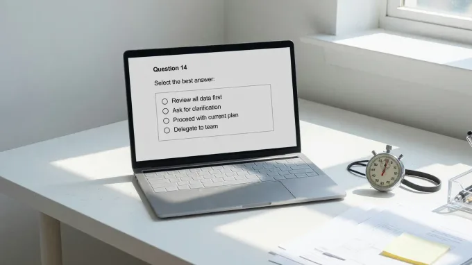 Laptop showing a short multiple-choice list next to a stopwatch, office daylight, no logos or brand marks