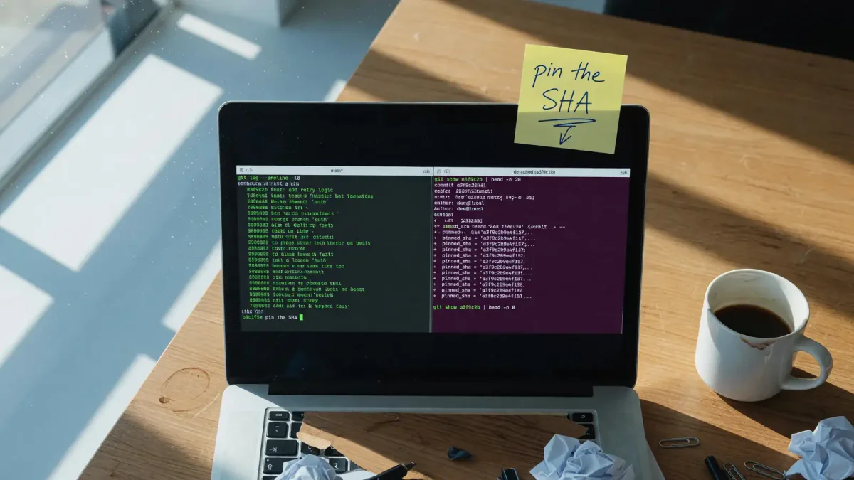 Laptop on a wood desk showing a terminal with two side-by-side agent sessions and a sticky note that says pin the SHA, daylight, no logos