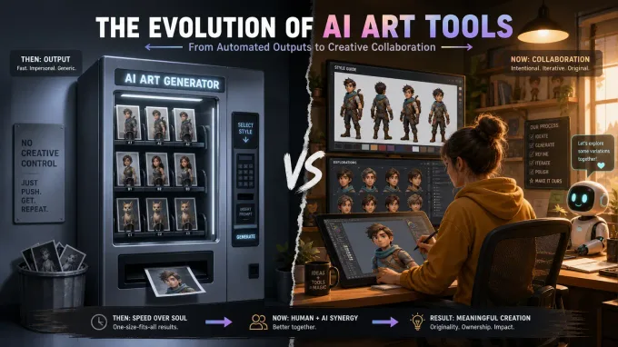 A split composition showing a 3D artist's workspace with multiple style-consistent character variations displayed on screens alongside sculpting tools, symbolizing the shift to iterative AI-assisted creative workflows