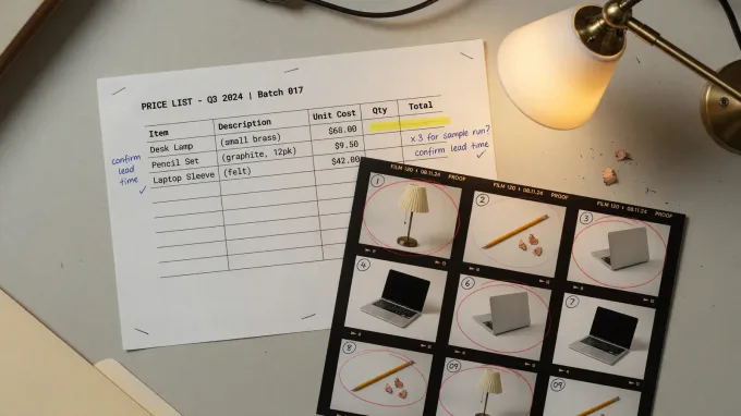 Printed Krea 3 pricing sheet on a desk next to a product photo contact sheet and a GPU box, office lamp, no logos
