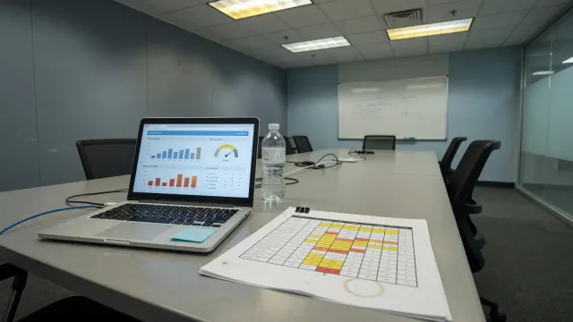 Empty conference room with a laptop showing an internal dashboard and a printed risk table, overhead fluorescent light, no logos