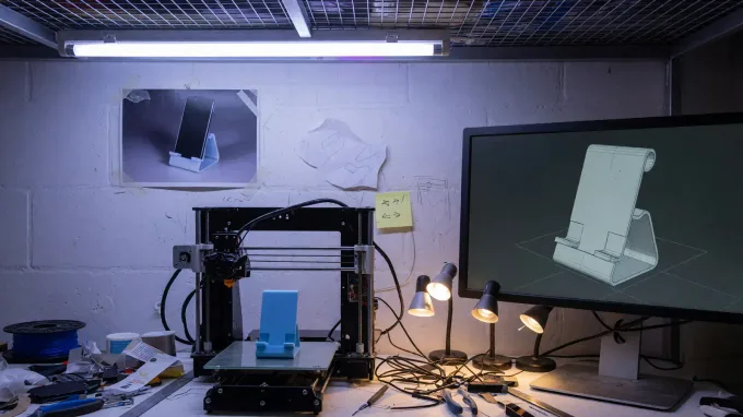 3D printer bed with a small plastic stand beside a monitor showing a mesh and three light orbs, workshop light, no logos