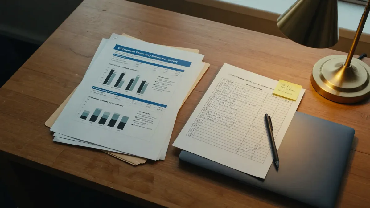 Printed Gartner survey printout on a desk next to an SAP cutover checklist and a laptop, office lamp, no logos