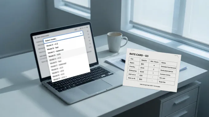 Laptop showing a paid-tier model picker next to a printed $2/$10 token rate card on a desk, cool daylight, no logos