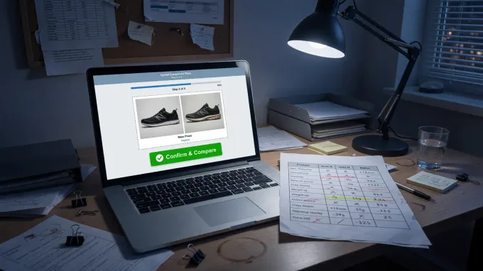Laptop showing an image-upload checker next to a printed generator comparison table, cool desk lamp, no logos