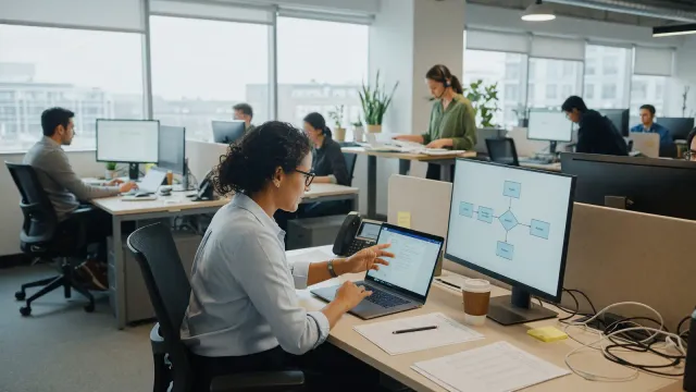 Open-plan office with a visiting engineer at a laptop beside a customer's operations team, large monitor showing a simple workflow diagram, daylight, no logos