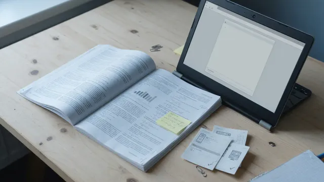 Printed scientific paper beside a laptop showing a simple chat window and a small stack of server rack stickers, cool daylight, no logos