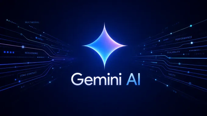 A glowing gemini logo on a dark gradient background with abstract data lines suggesting speed and AI model performance