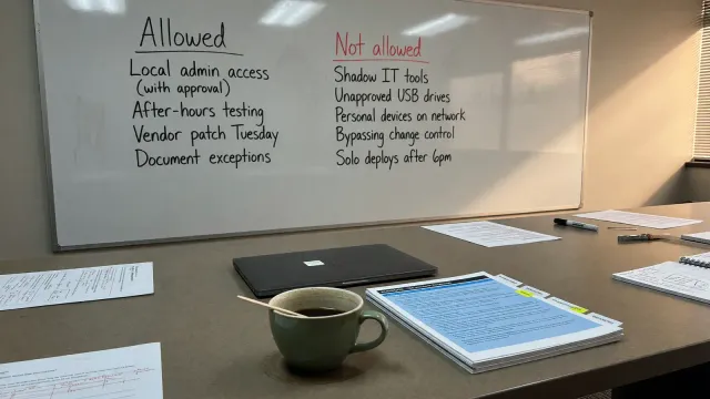Conference room whiteboard split into allowed and not-allowed columns, a laptop and printed runbook on the table, no logos