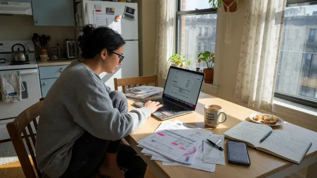 A freelancer's laptop screen showing multiple AI tool interfaces open alongside a notepad and coffee cup