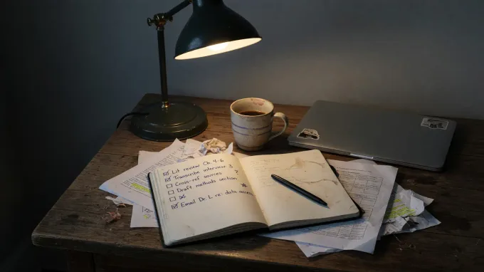 A dim lab bench with a laptop showing a sparse reasoning trace next to a printed safety checklist