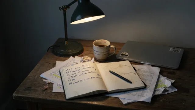 A dim lab bench with a laptop showing a sparse reasoning trace next to a printed safety checklist
