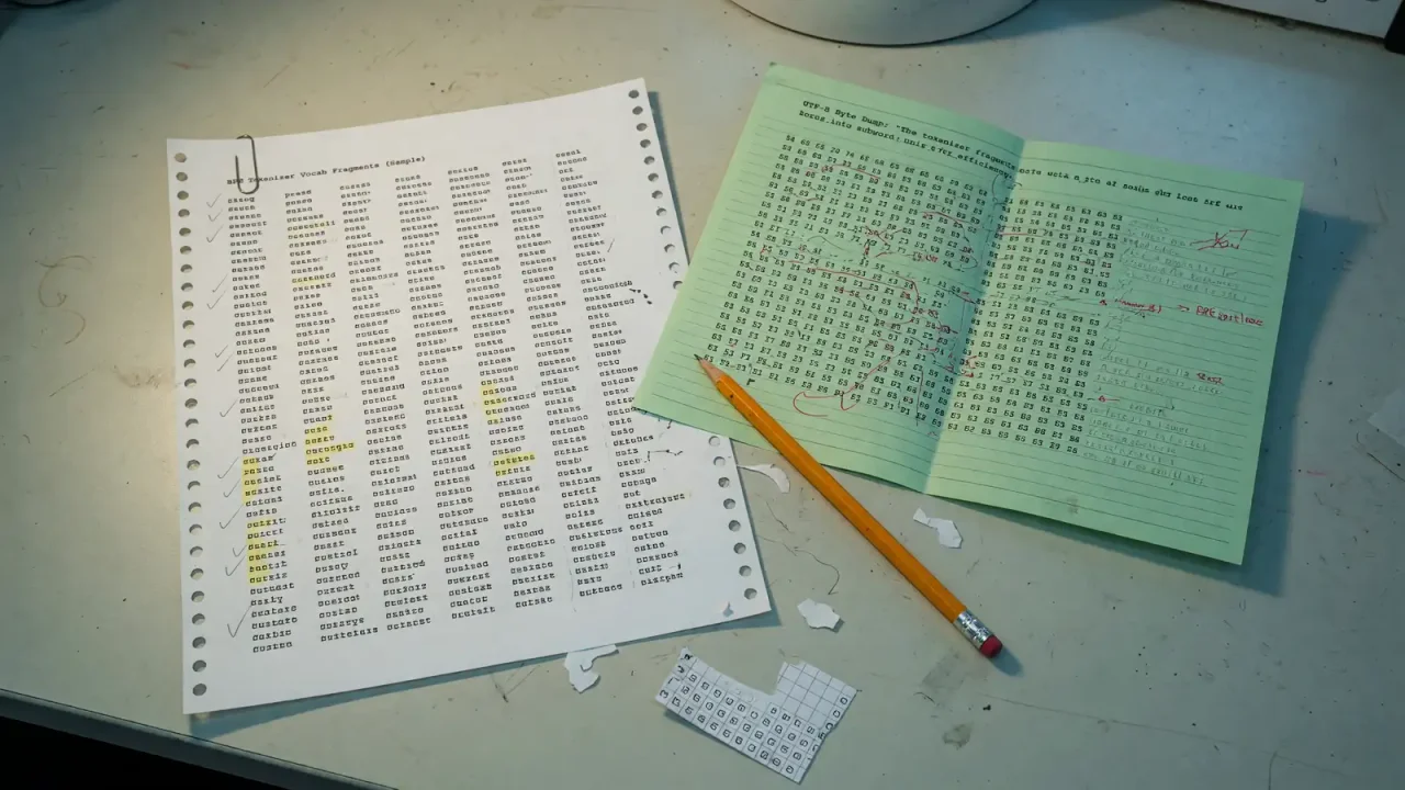Workbench with a printed tokenizer vocabulary sheet beside a hex dump of the same sentence in bytes, cool lab light, no logos